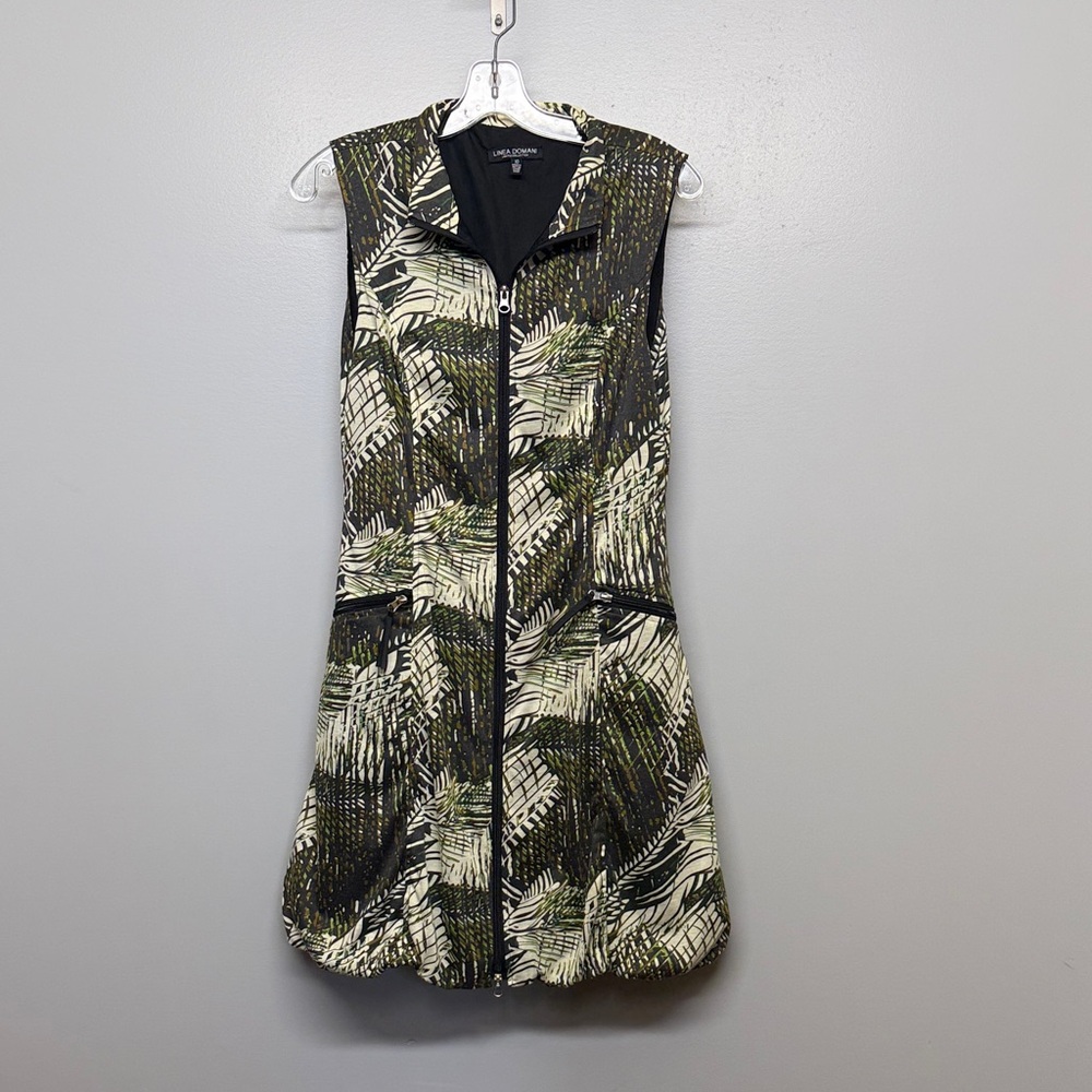 Linea Domani Sleeveless Palm Print Zip Dress in Olive & Cream Bubble Hem